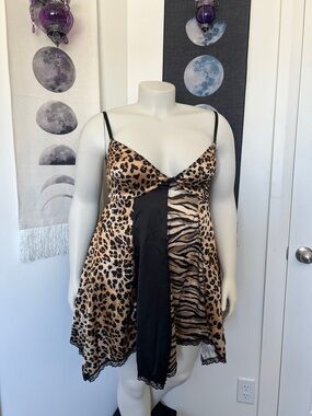 Dolls Kill Current Mood Leopard Tiger Satin Chemise with Triangle Cut Lace Hem